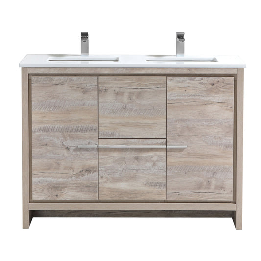 48'' KubeBath Dolce Double Sink Nature Wood Modern Bathroom Vanity with White Quartz Counter-Top