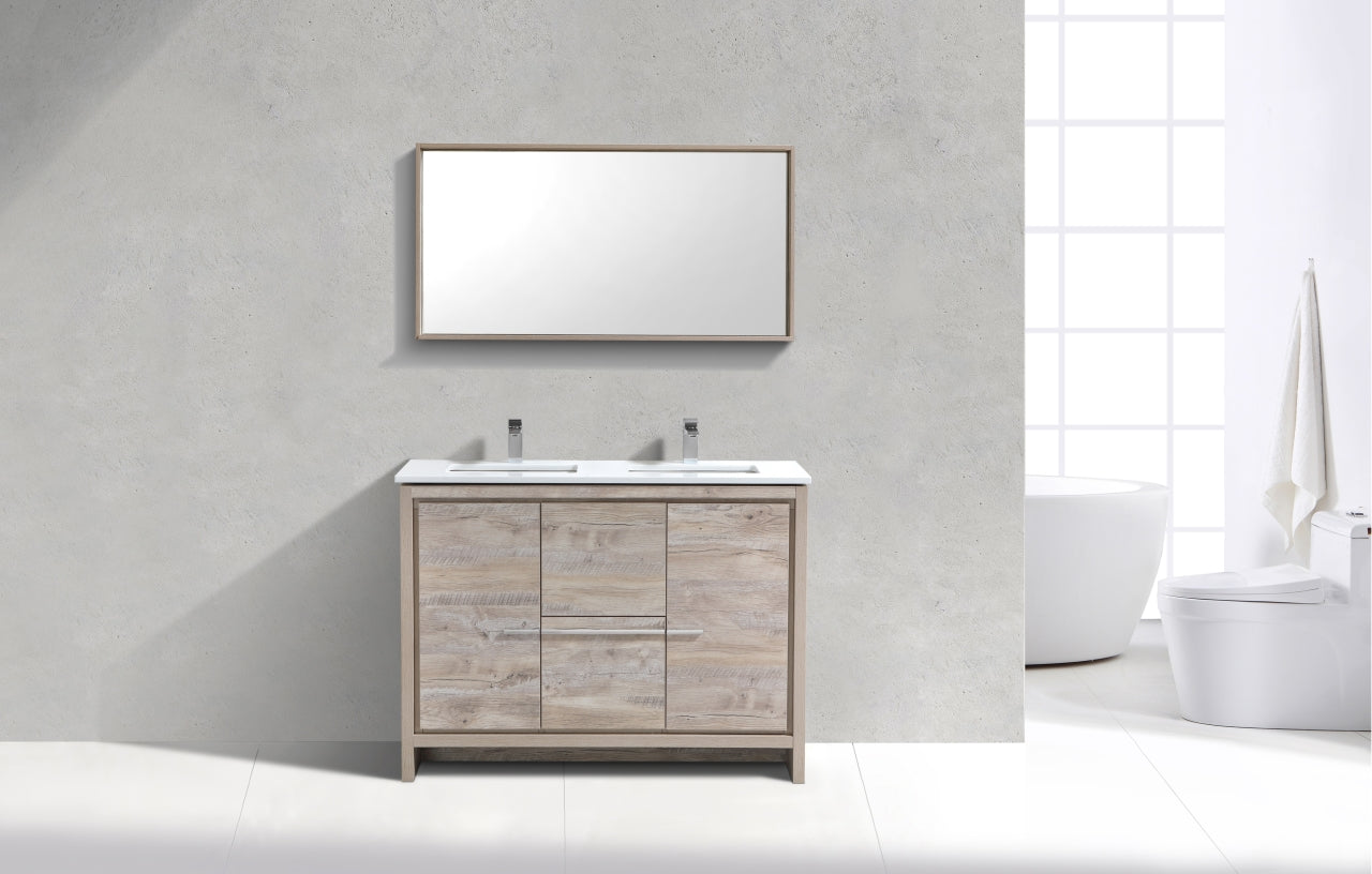 48'' KubeBath Dolce Double Sink Nature Wood Modern Bathroom Vanity with White Quartz Counter-Top