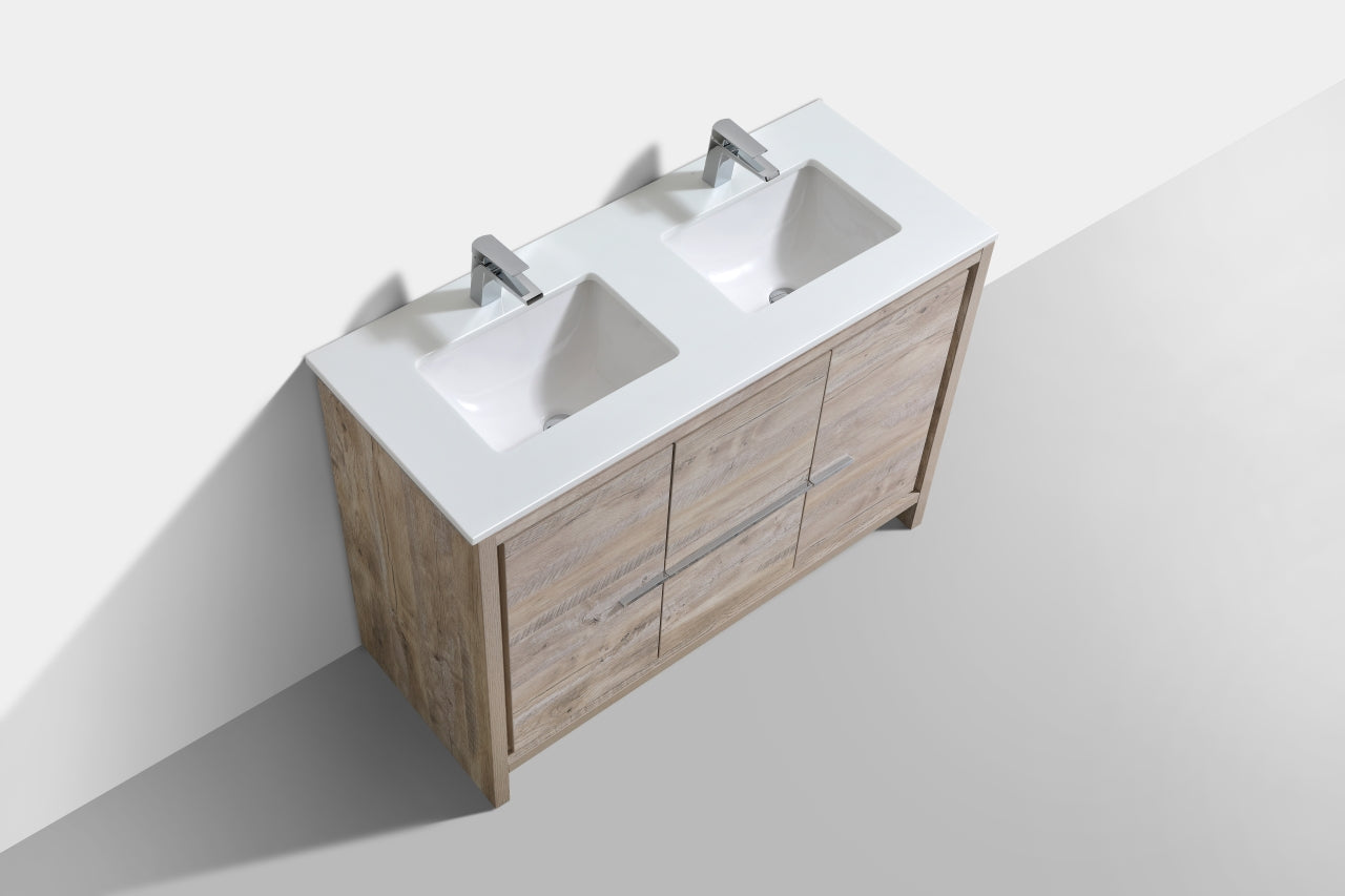 48'' KubeBath Dolce Double Sink Nature Wood Modern Bathroom Vanity with White Quartz Counter-Top