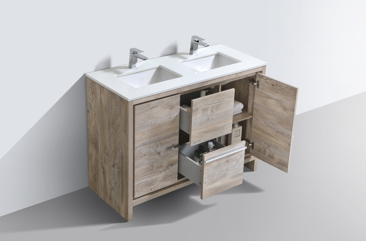 48'' KubeBath Dolce Double Sink Nature Wood Modern Bathroom Vanity with White Quartz Counter-Top