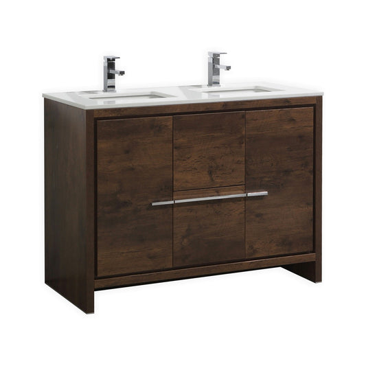 48'' KubeBath Dolce Double Sink Rose Wood Modern Bathroom Vanity with White Quartz Counter-Top