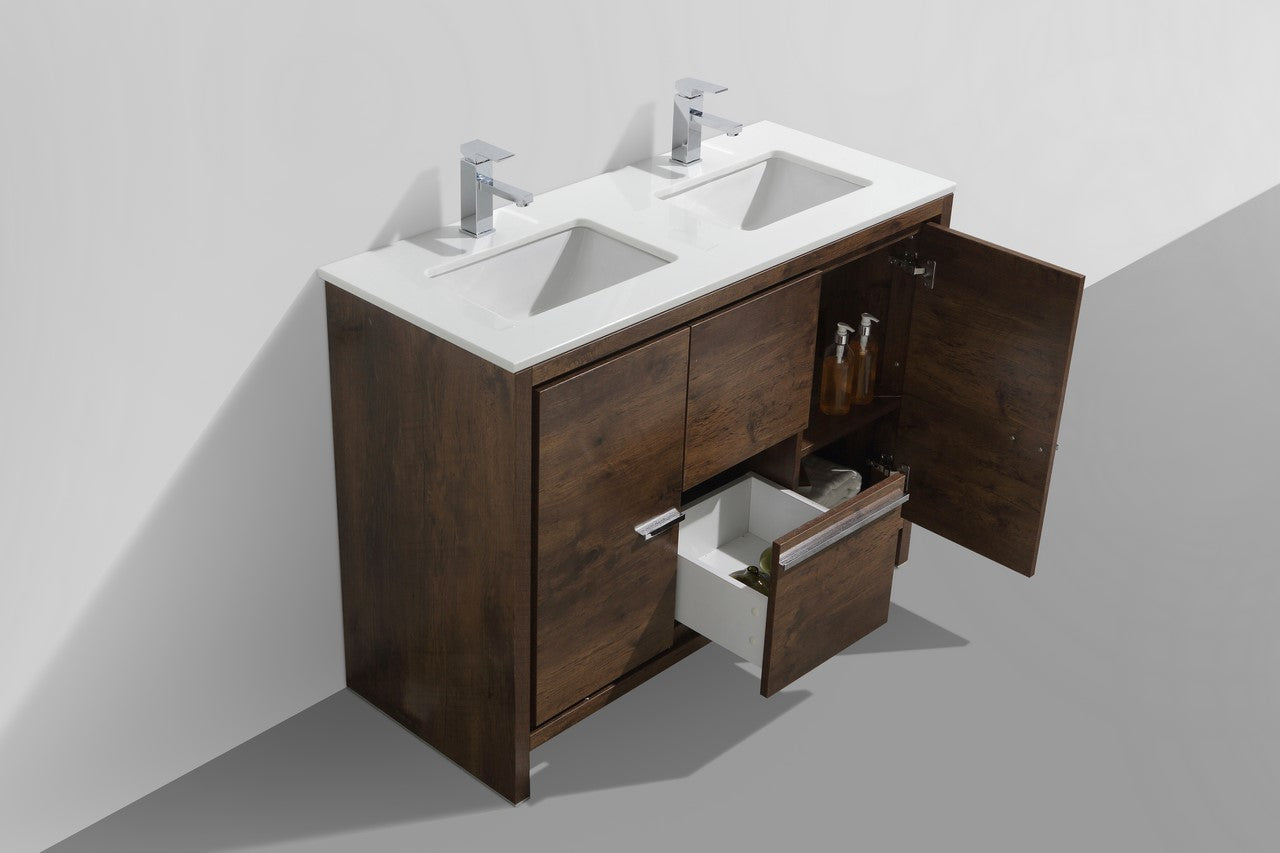 48'' KubeBath Dolce Double Sink Rose Wood Modern Bathroom Vanity with White Quartz Counter-Top