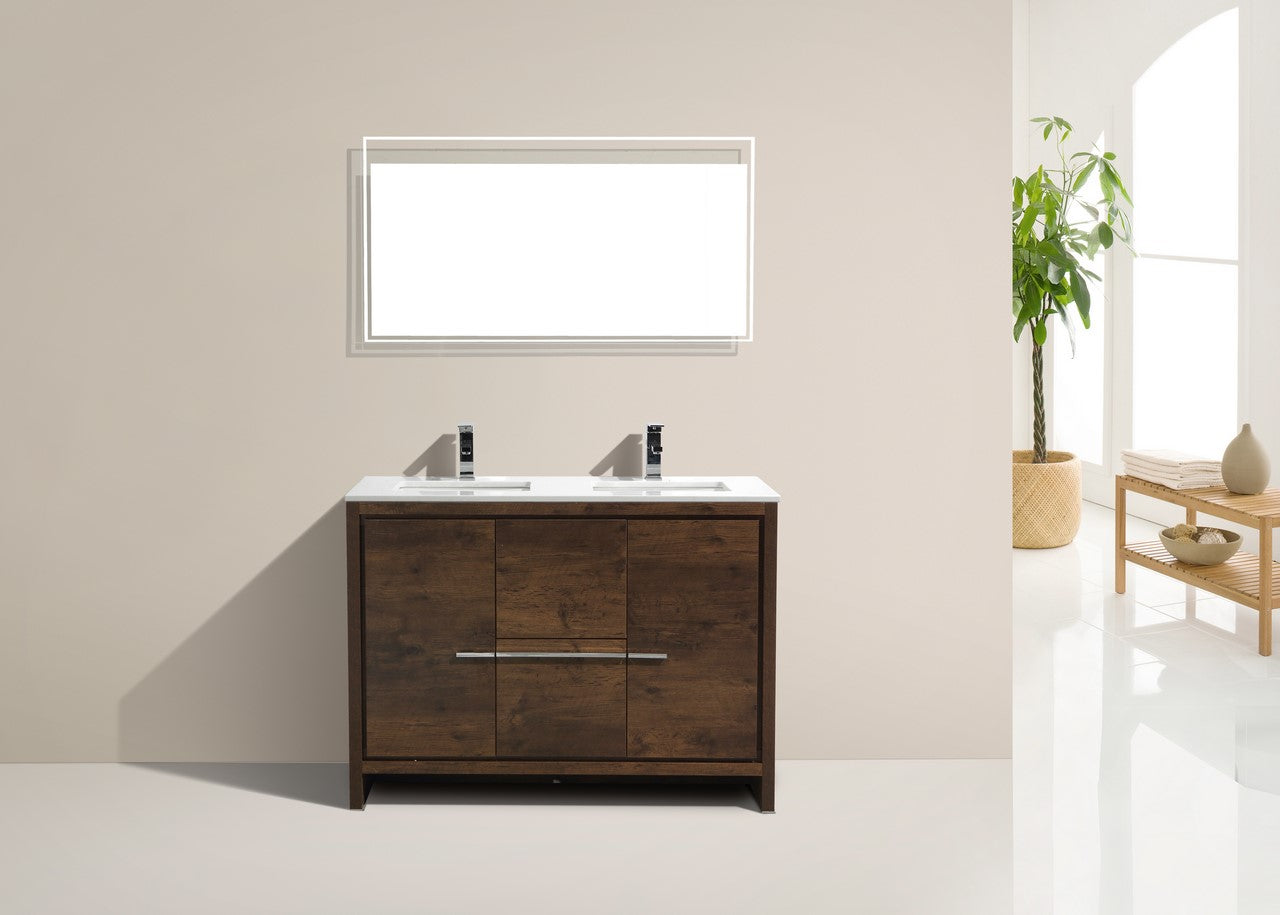 48'' KubeBath Dolce Double Sink Rose Wood Modern Bathroom Vanity with White Quartz Counter-Top