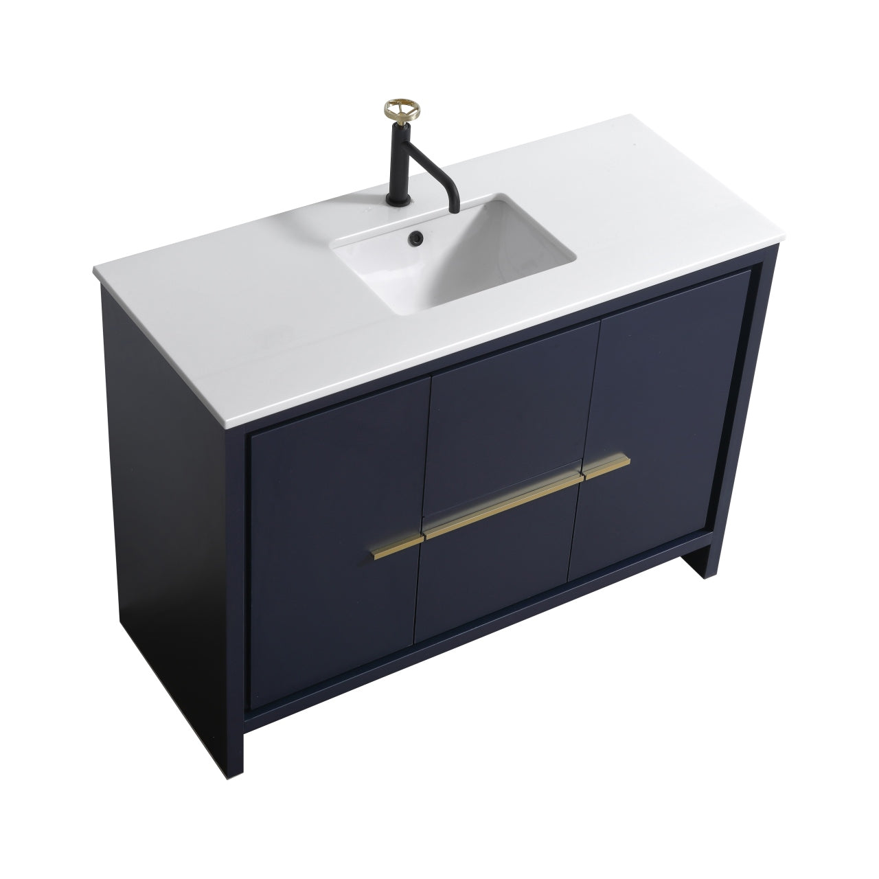 48'' KubeBath Navy Blue Modern Bathroom Vanity with White Quartz Counter-Top