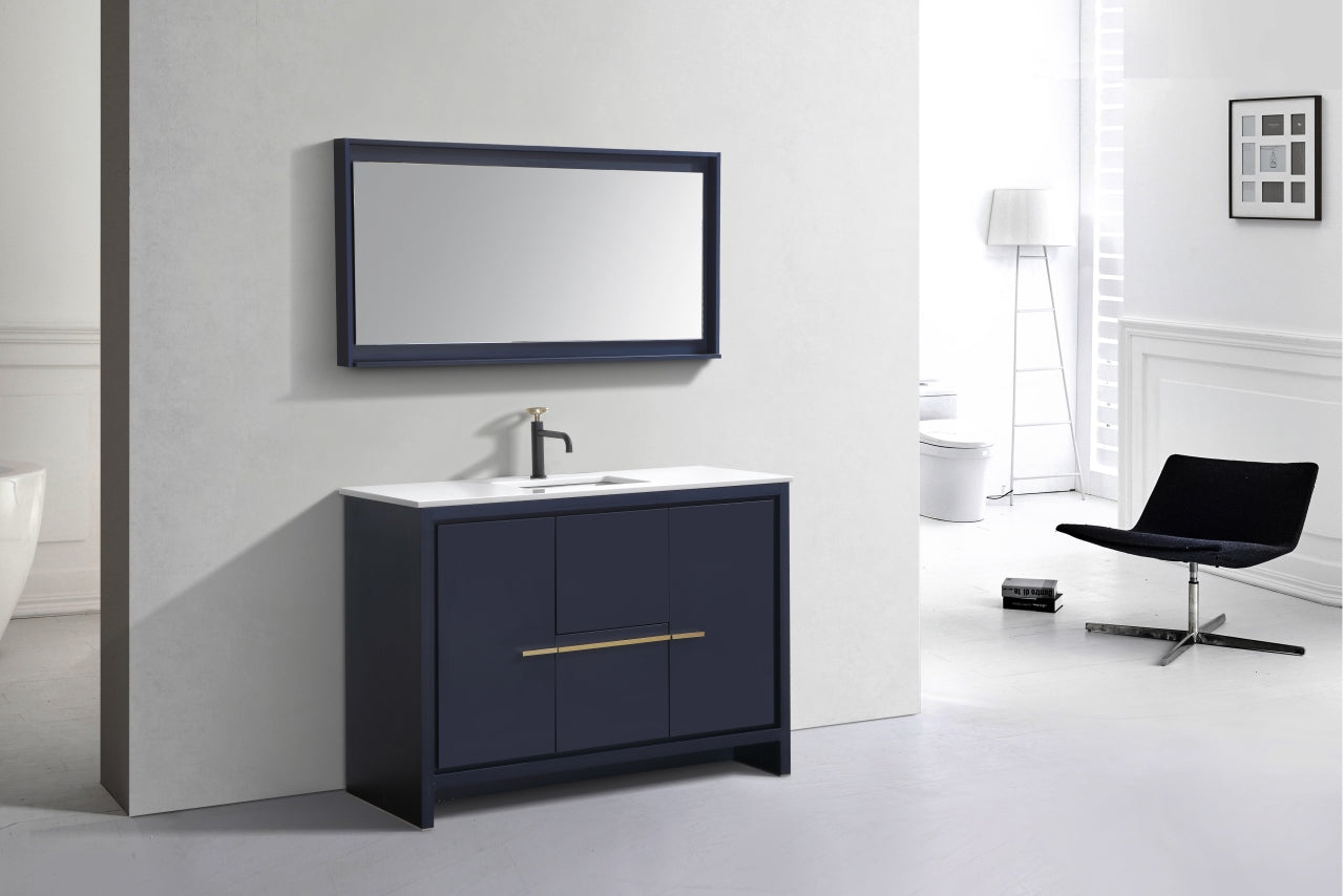 48'' KubeBath Navy Blue Modern Bathroom Vanity with White Quartz Counter-Top