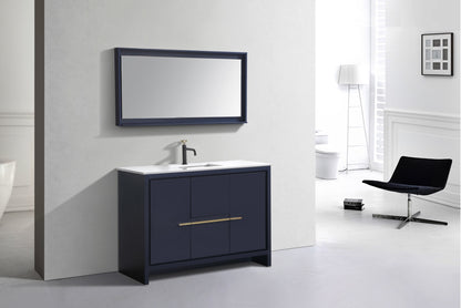 48'' KubeBath Navy Blue Modern Bathroom Vanity with White Quartz Counter-Top