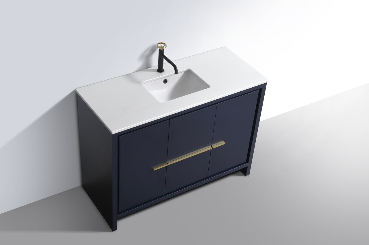 48'' KubeBath Navy Blue Modern Bathroom Vanity with White Quartz Counter-Top