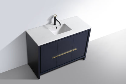 48'' KubeBath Navy Blue Modern Bathroom Vanity with White Quartz Counter-Top