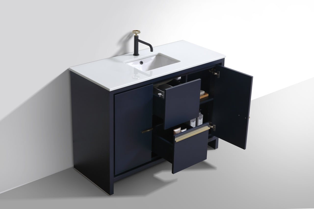 48'' KubeBath Navy Blue Modern Bathroom Vanity with White Quartz Counter-Top