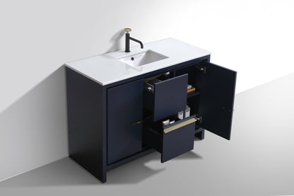 48'' KubeBath Navy Blue Modern Bathroom Vanity with White Quartz Counter-Top