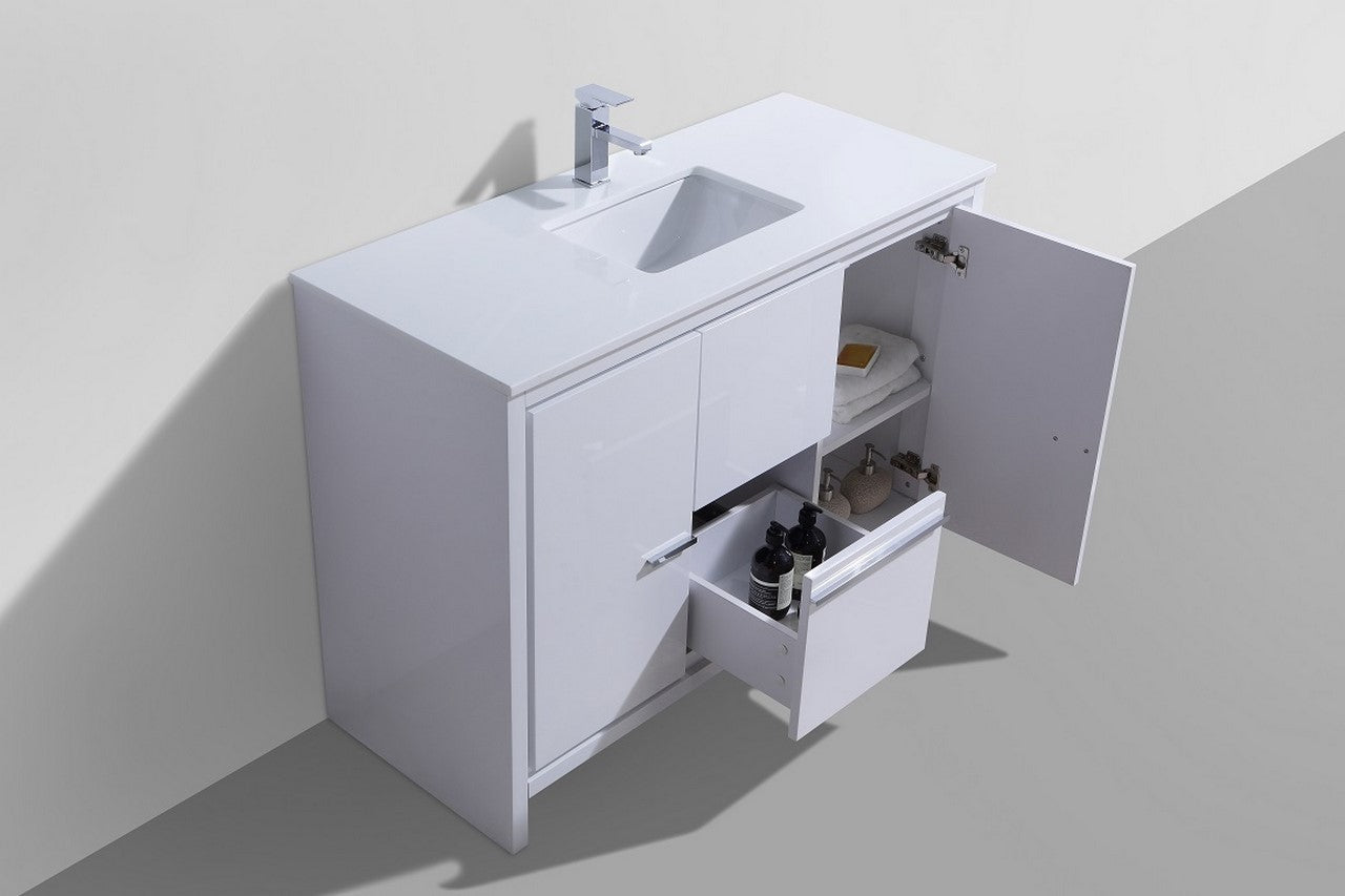 48″ KubeBath Dolce High Gloss White Modern Bathroom Vanity with White Quartz Counter-Top