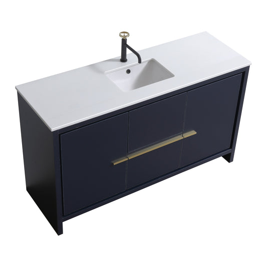 60'' KubeBath Dolce Single Sink Blue Modern Bathroom Vanity with White Quartz Counter-Top