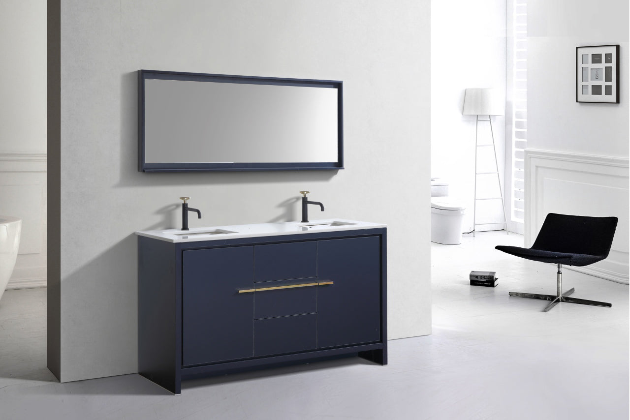 60'' KubeBath Dolce Double Sink Navy Blue Modern Bathroom Vanity with White Quartz Counter-Top