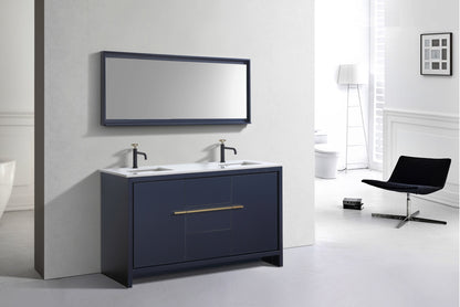 60'' KubeBath Dolce Double Sink Navy Blue Modern Bathroom Vanity with White Quartz Counter-Top