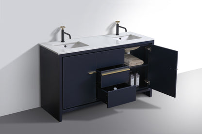 60'' KubeBath Dolce Double Sink Navy Blue Modern Bathroom Vanity with White Quartz Counter-Top