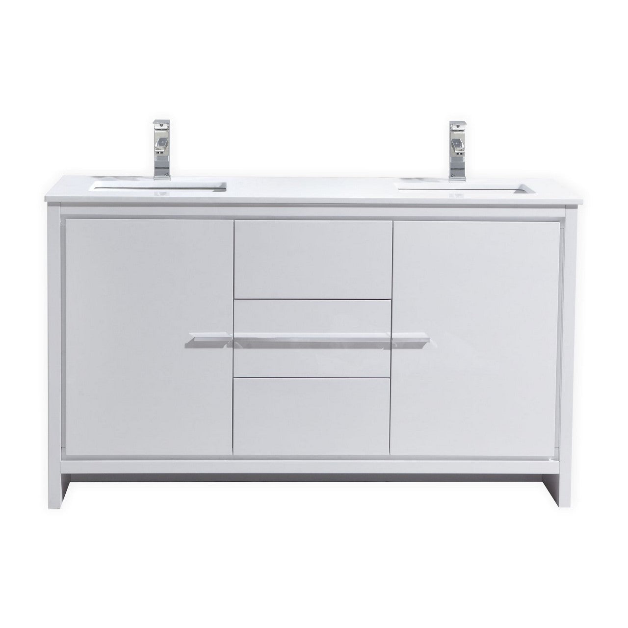 60'' KubeBath Dolce Double Sink High Gloss White Modern Bathroom Vanity with White Quartz Counter-Top