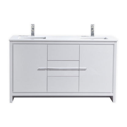 60'' KubeBath Dolce Double Sink High Gloss White Modern Bathroom Vanity with White Quartz Counter-Top