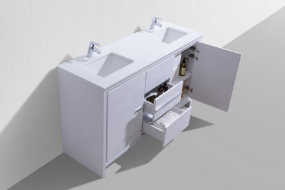 60'' KubeBath Dolce Double Sink High Gloss White Modern Bathroom Vanity with White Quartz Counter-Top