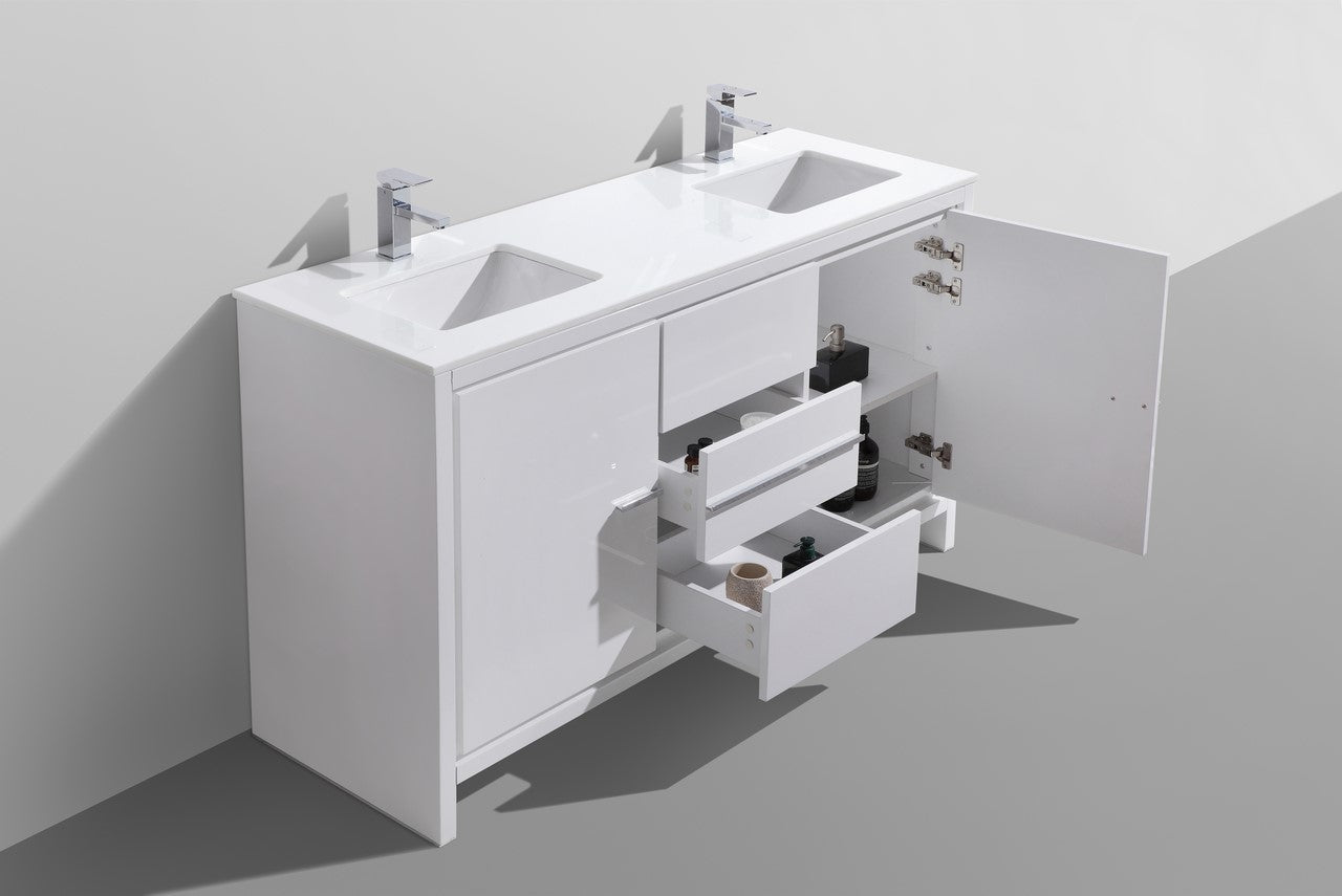 60'' KubeBath Dolce Double Sink High Gloss White Modern Bathroom Vanity with White Quartz Counter-Top
