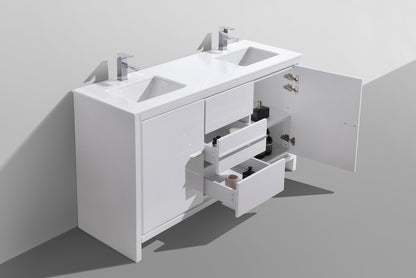 60'' KubeBath Dolce Double Sink High Gloss White Modern Bathroom Vanity with White Quartz Counter-Top