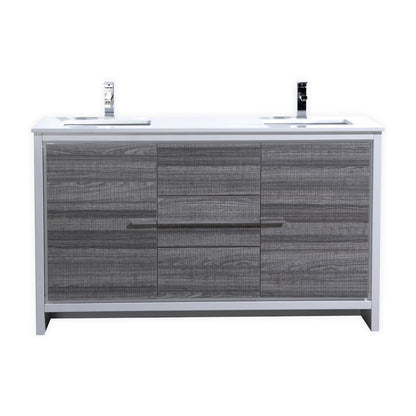 60'' KubeBath Dolce Double Sink Ash Grey Modern Bathroom Vanity with White Quartz Counter-Top