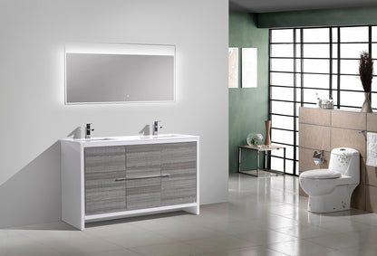 60'' KubeBath Dolce Double Sink Ash Grey Modern Bathroom Vanity with White Quartz Counter-Top