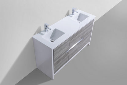 60'' KubeBath Dolce Double Sink Ash Grey Modern Bathroom Vanity with White Quartz Counter-Top