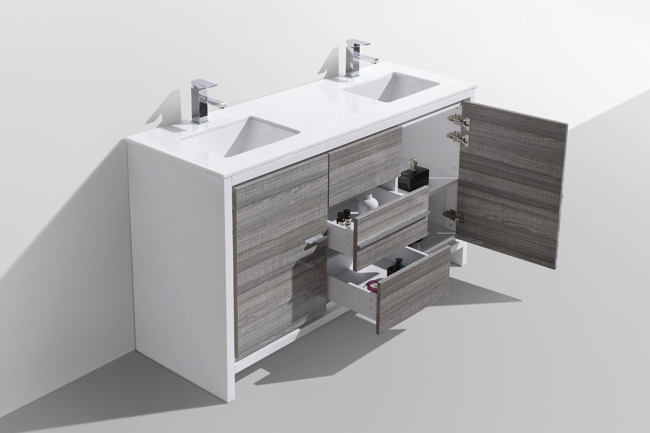 60'' KubeBath Dolce Double Sink Ash Grey Modern Bathroom Vanity with White Quartz Counter-Top