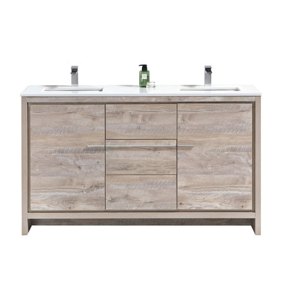 60'' KubeBath Dolce Double Sink Nature Wood Modern Bathroom Vanity with White Quartz Counter-Top
