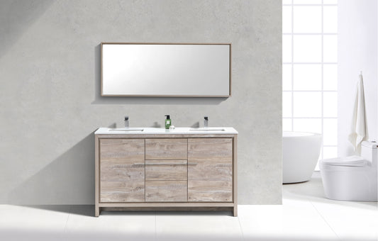 60'' KubeBath Dolce Double Sink Nature Wood Modern Bathroom Vanity with White Quartz Counter-Top