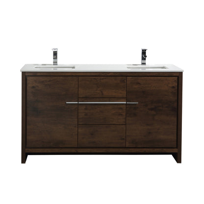 60'' KubeBath Dolce Double Sink Rose Wood Modern Bathroom Vanity with White Quartz Counter-Top