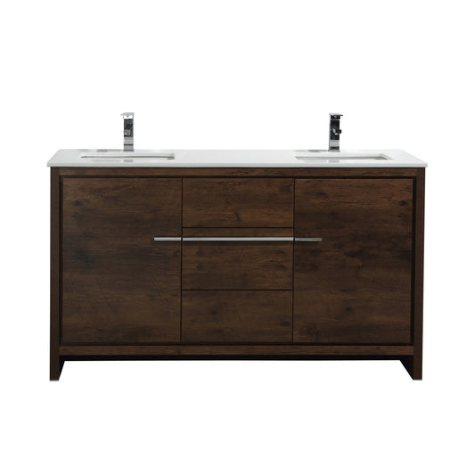 60'' KubeBath Dolce Double Sink Rose Wood Modern Bathroom Vanity with White Quartz Counter-Top