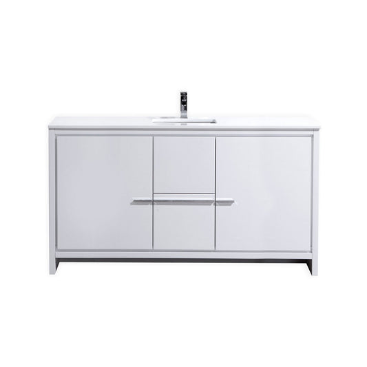 60'' KubeBath Dolce Single Sink High Gloss White Modern Bathroom Vanity with White Quartz Counter-Top