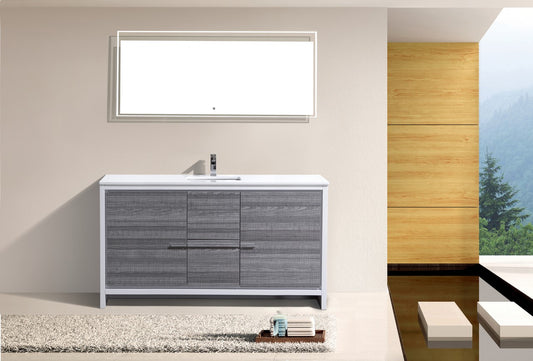 60'' KubeBath Dolce Single Sink Ash Gray Modern Bathroom Vanity with White Quartz Counter-Top