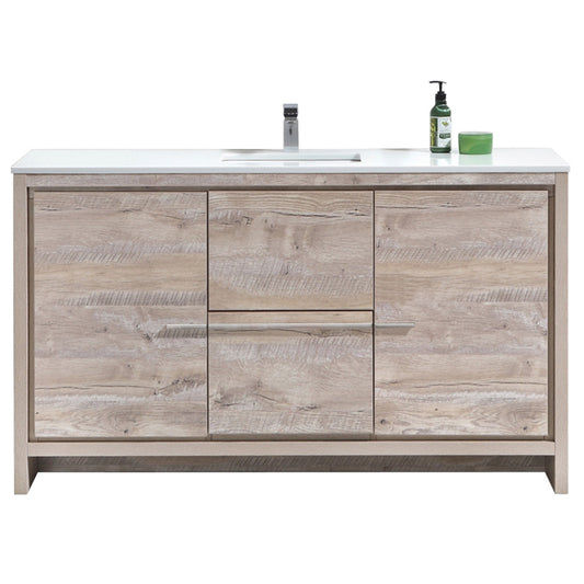 60'' KubeBath Dolce Single Sink Nature Wood Modern Bathroom Vanity with White Quartz Counter-Top