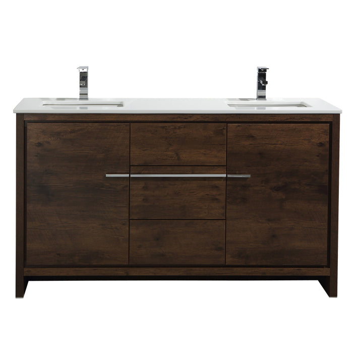 60'' KubeBath Dolce Single Sink Rose Wood Modern Bathroom Vanity with White Quartz Counter-Top