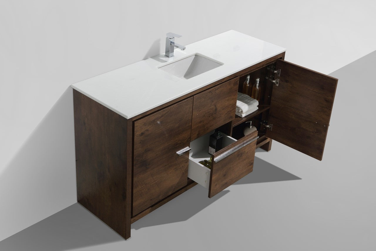 60'' KubeBath Dolce Single Sink Rose Wood Modern Bathroom Vanity with White Quartz Counter-Top
