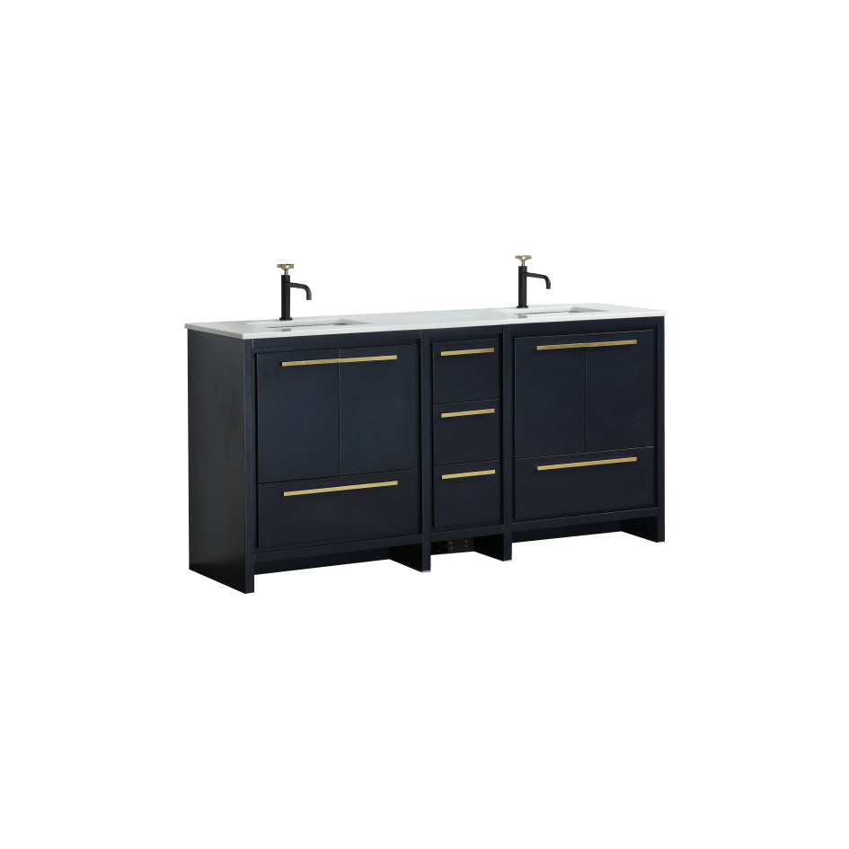 72'' KubeBath Dolce Double Sink Navy Blue Modern Bathroom Vanity with White Quartz Counter-Top