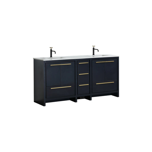 72'' KubeBath Dolce Double Sink Navy Blue Modern Bathroom Vanity with White Quartz Counter-Top