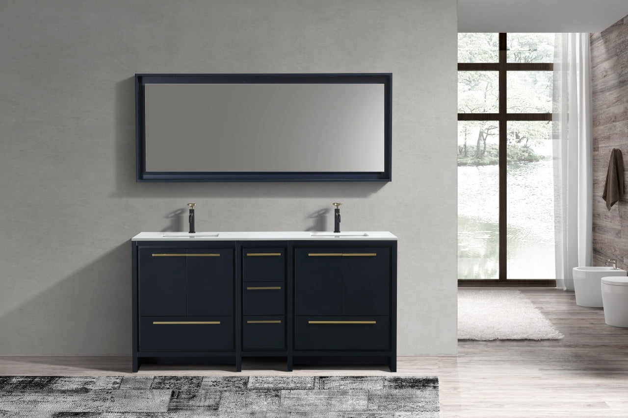 72'' KubeBath Dolce Double Sink Navy Blue Modern Bathroom Vanity with White Quartz Counter-Top