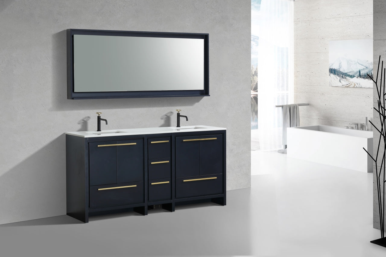 72'' KubeBath Dolce Double Sink Navy Blue Modern Bathroom Vanity with White Quartz Counter-Top
