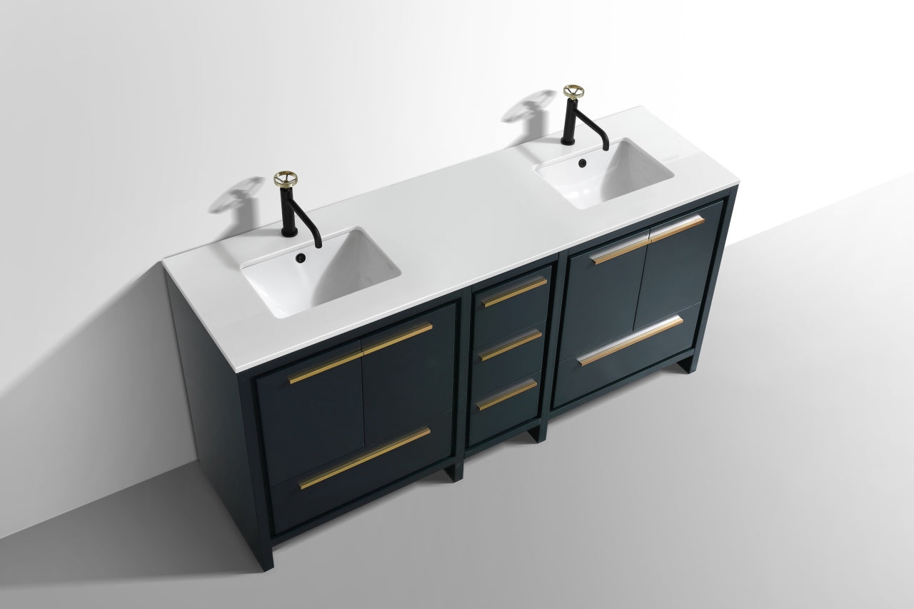 72'' KubeBath Dolce Double Sink Navy Blue Modern Bathroom Vanity with White Quartz Counter-Top
