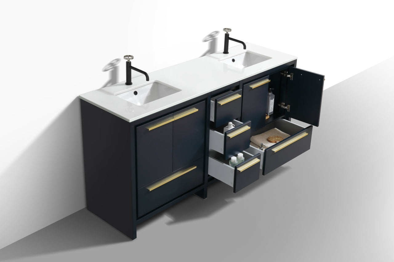 72'' KubeBath Dolce Double Sink Navy Blue Modern Bathroom Vanity with White Quartz Counter-Top