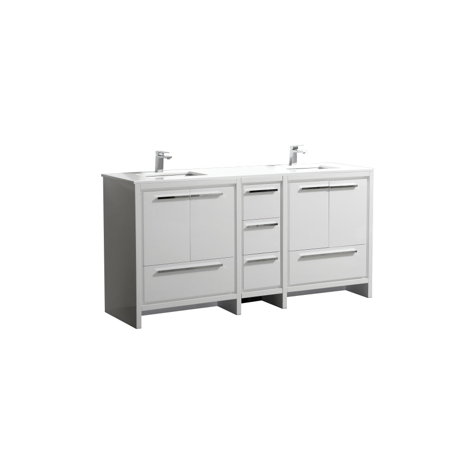 72'' KubeBath Dolce Double Sink Gloss White Modern Bathroom Vanity with White Quartz Counter-Top