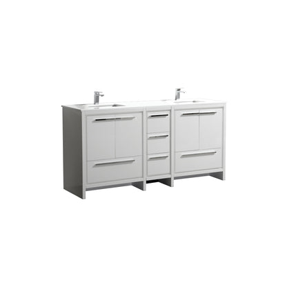 72'' KubeBath Dolce Double Sink Gloss White Modern Bathroom Vanity with White Quartz Counter-Top