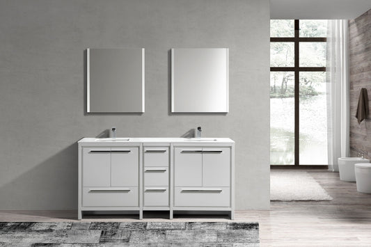 72'' KubeBath Dolce Double Sink Gloss White Modern Bathroom Vanity with White Quartz Counter-Top