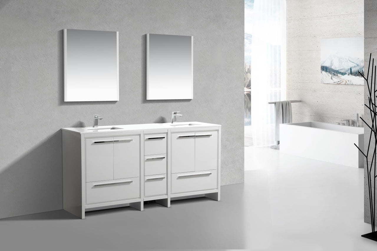 72'' KubeBath Dolce Double Sink Gloss White Modern Bathroom Vanity with White Quartz Counter-Top