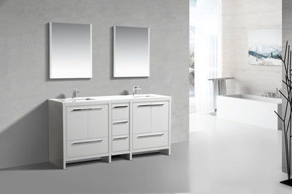 72'' KubeBath Dolce Double Sink Gloss White Modern Bathroom Vanity with White Quartz Counter-Top