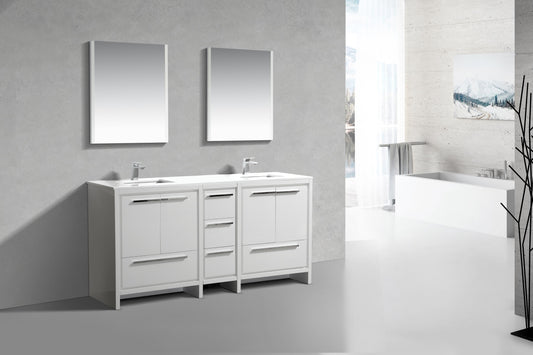 72'' KubeBath Dolce Double Sink Gloss White Modern Bathroom Vanity with White Quartz Counter-Top