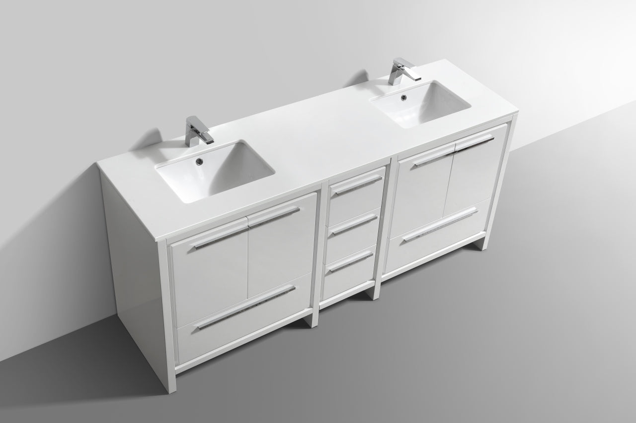 72'' KubeBath Dolce Double Sink Gloss White Modern Bathroom Vanity with White Quartz Counter-Top